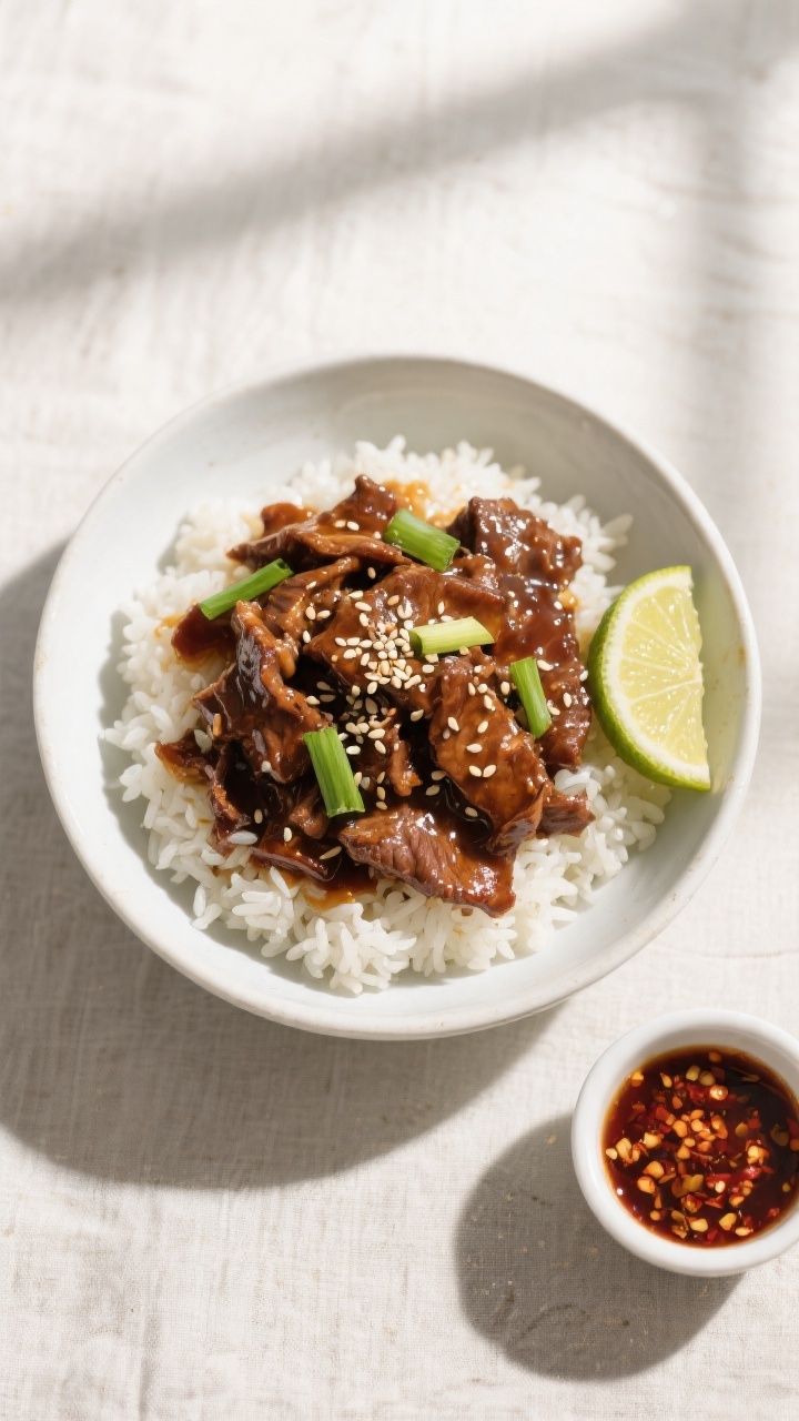 Tasty top view: Overhead shot of Mongolian beef served over fluffy steamed jasmine rice in a wide wh