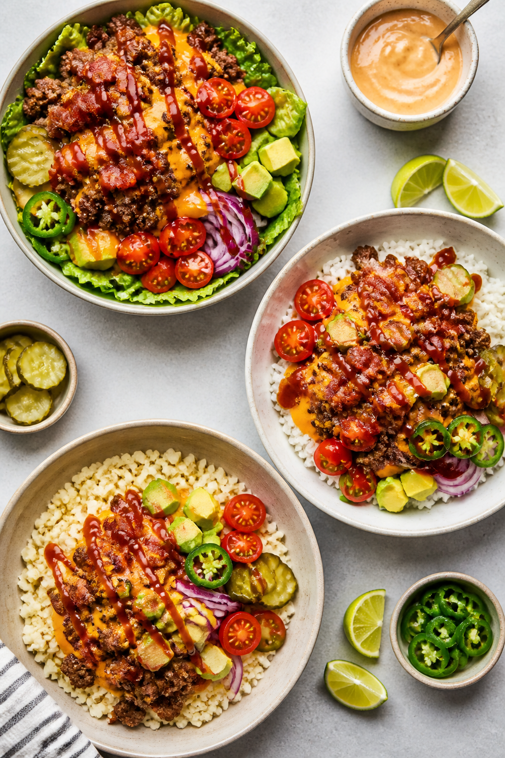 Tasty top view: Overhead shot of multiple assembled variations of BBQ Bacon Cheeseburger Bowls for m