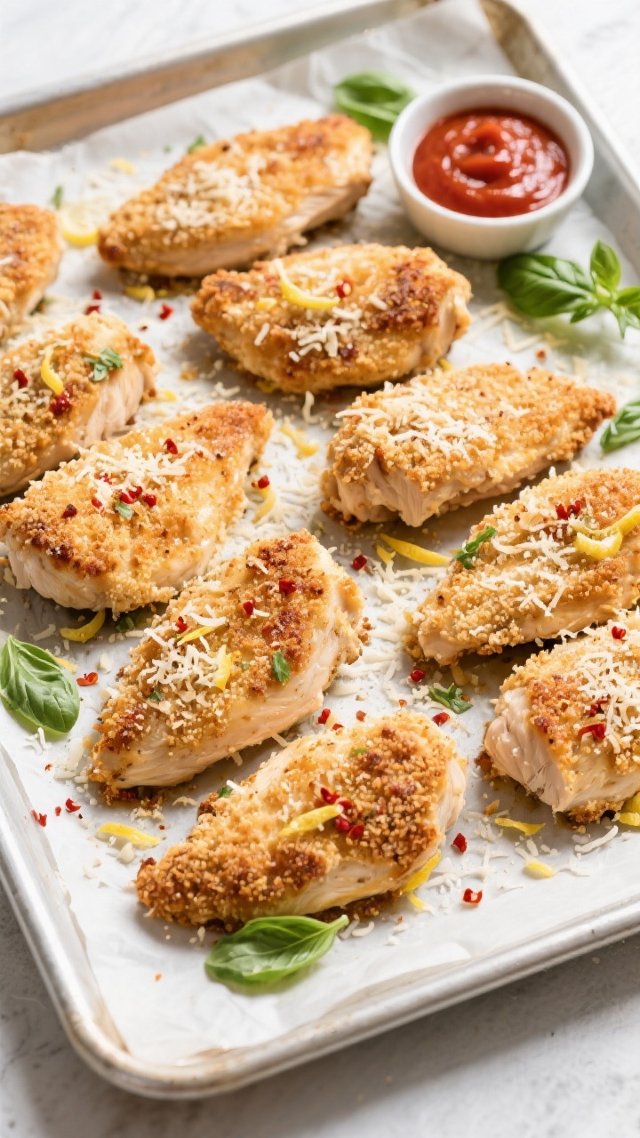 Tasty top view: Overhead shot of Parmesan-crusted chicken breasts arranged family-style on a parchme