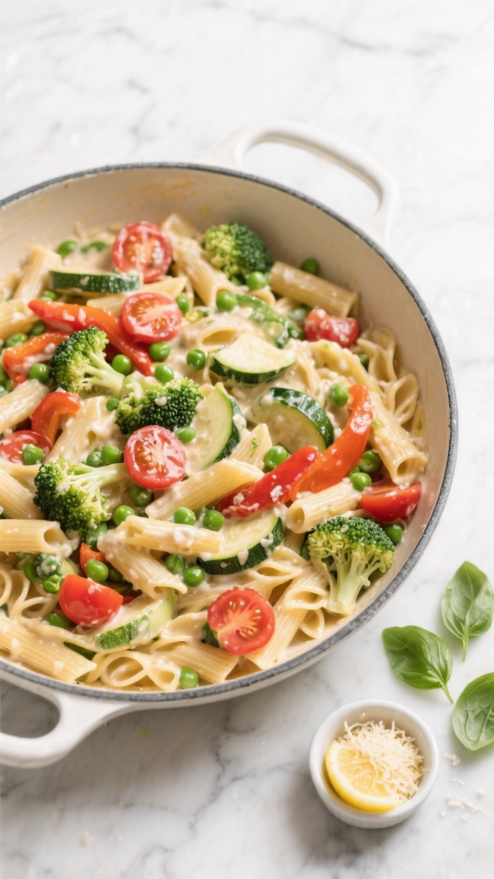 Tasty top view: Overhead shot of pasta primavera served family-style in a large enamel pan, showcasi