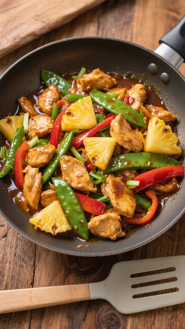 Tasty top view: Overhead shot of Pineapple Chicken Stir Fry just finished in the pan, colorful mosai