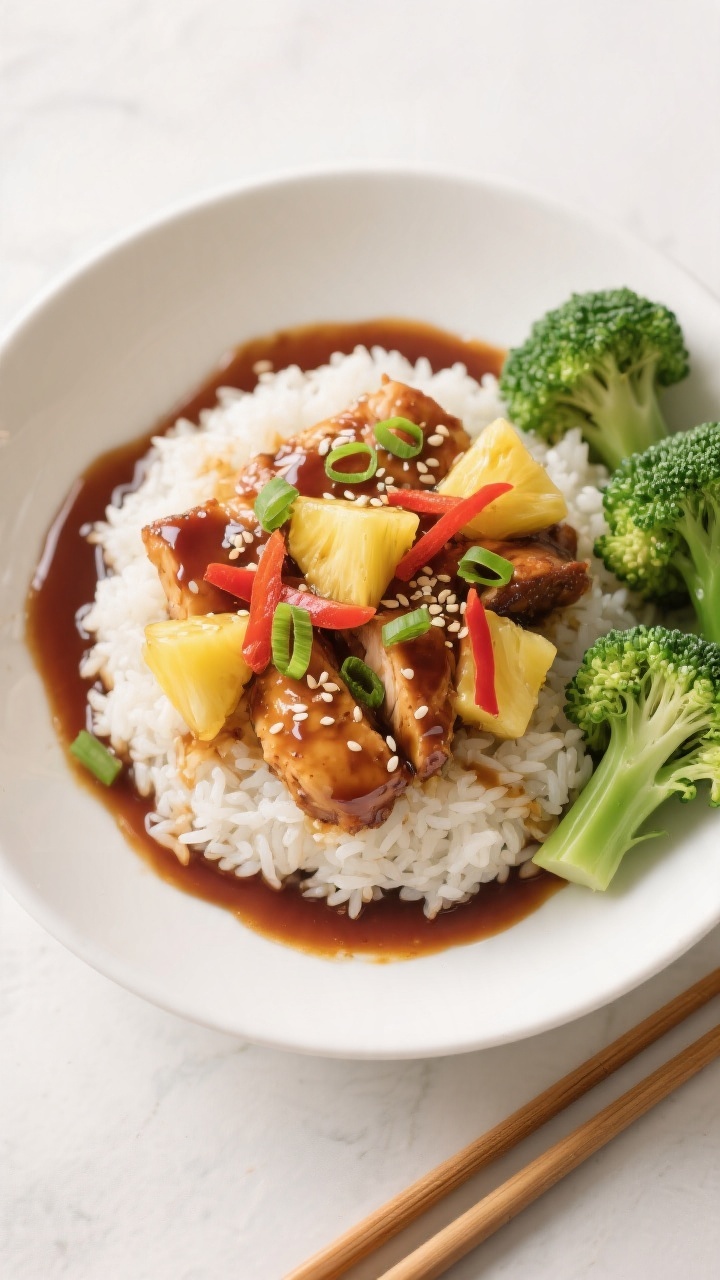 Tasty top view: Overhead shot of Pineapple Teriyaki Chicken served over fluffy jasmine rice in a wid