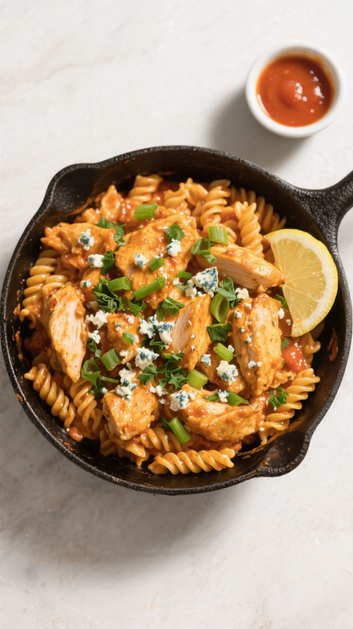 Tasty top view: Overhead shot of Protein Packed Buffalo Chicken Pasta served family-style in a matte