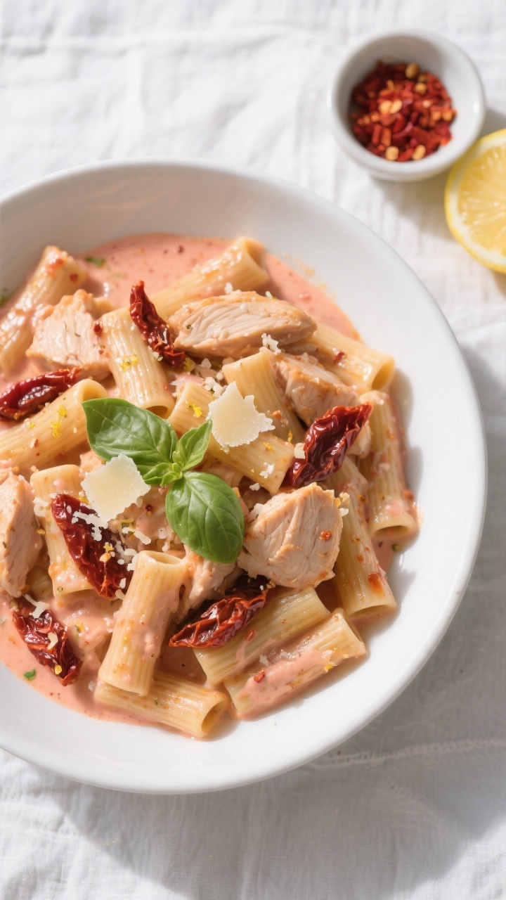 Tasty top view: Overhead shot of rigatoni tossed in creamy “Lightened Up Marry Me Chicken” sauce