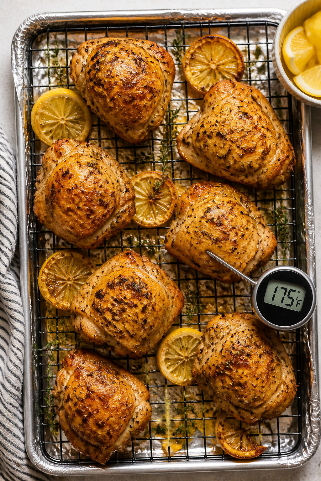Tasty top view: Overhead shot of roasted Greek chicken thighs on a wire rack set over a foil-lined s