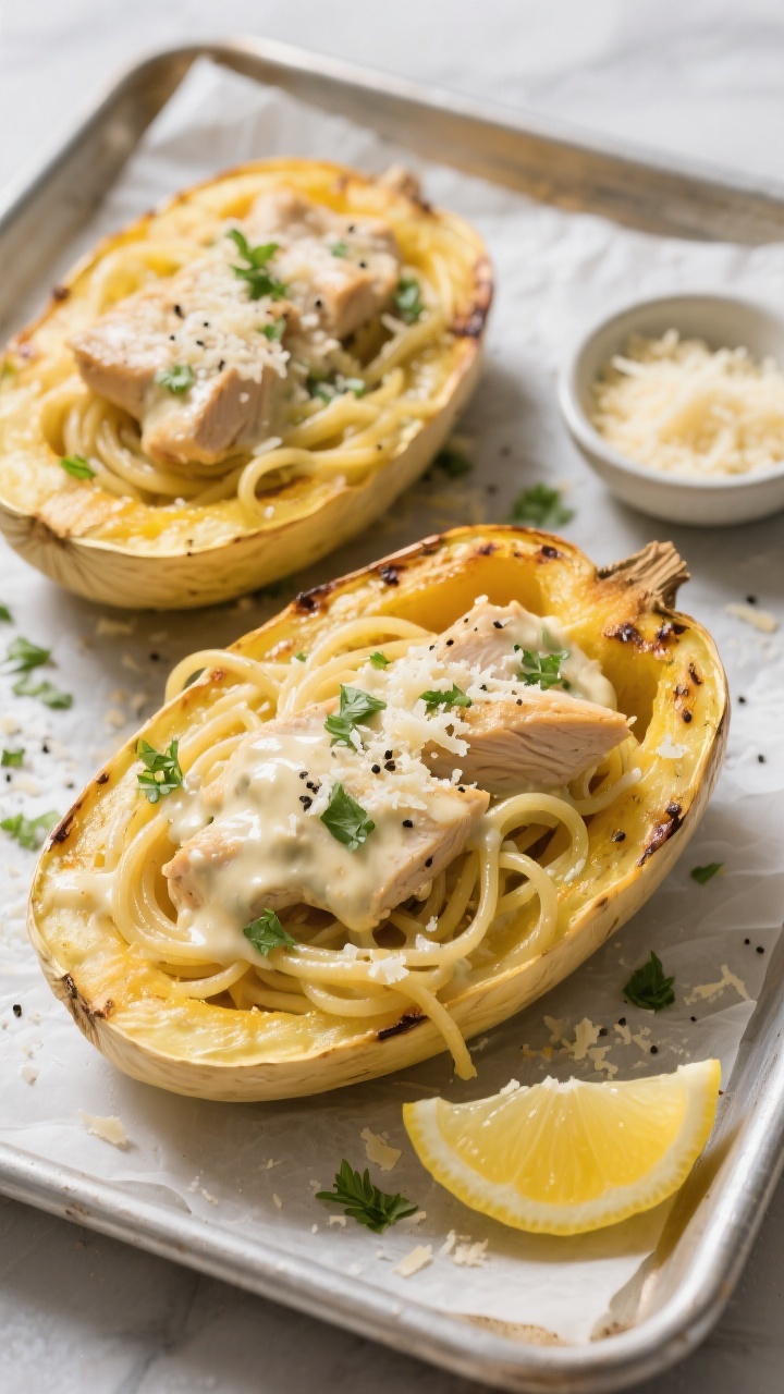 Tasty top view: Overhead shot of roasted spaghetti squash strands nestled back into their halved she