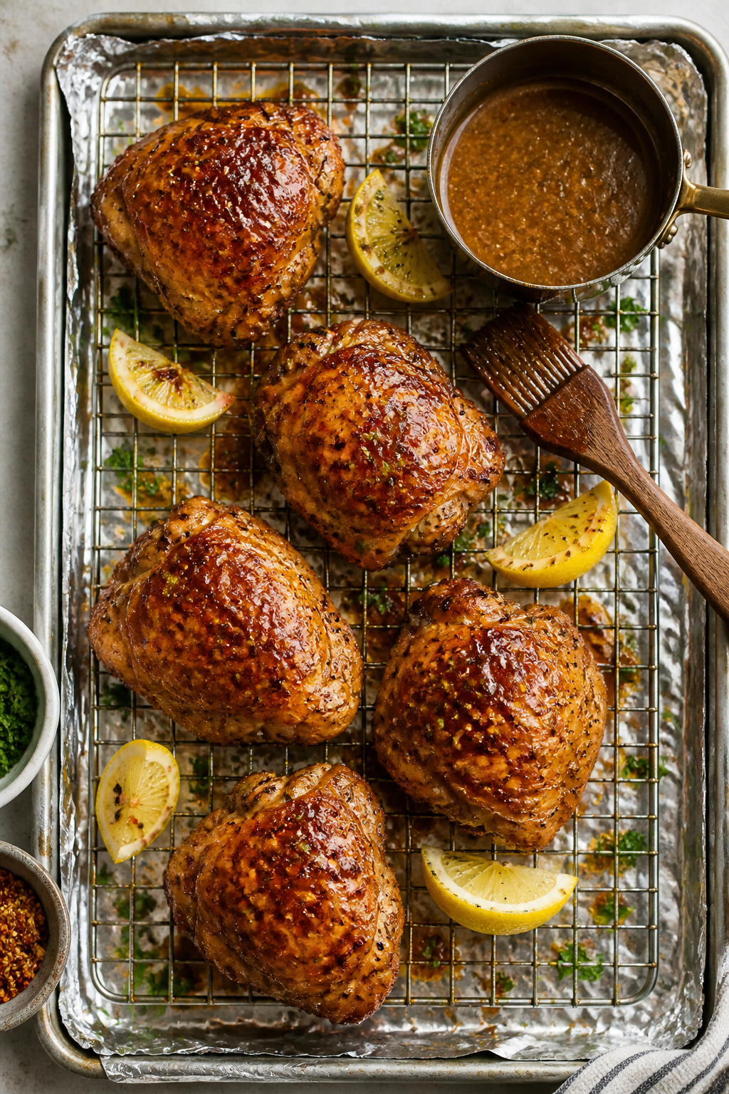 Tasty top view: Overhead shot of sheet-pan roasted maple Dijon chicken thighs on a wire rack, skin l