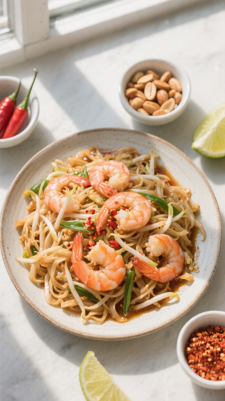 Tasty top view: Overhead shot of Shrimp Pad Thai served family-style in a shallow ceramic platter, s