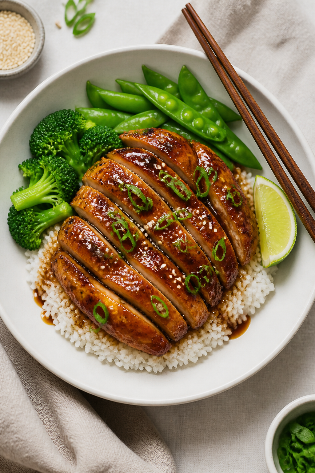 Tasty top view: Overhead shot of sliced teriyaki chicken thighs arranged fan-style over fluffy steam