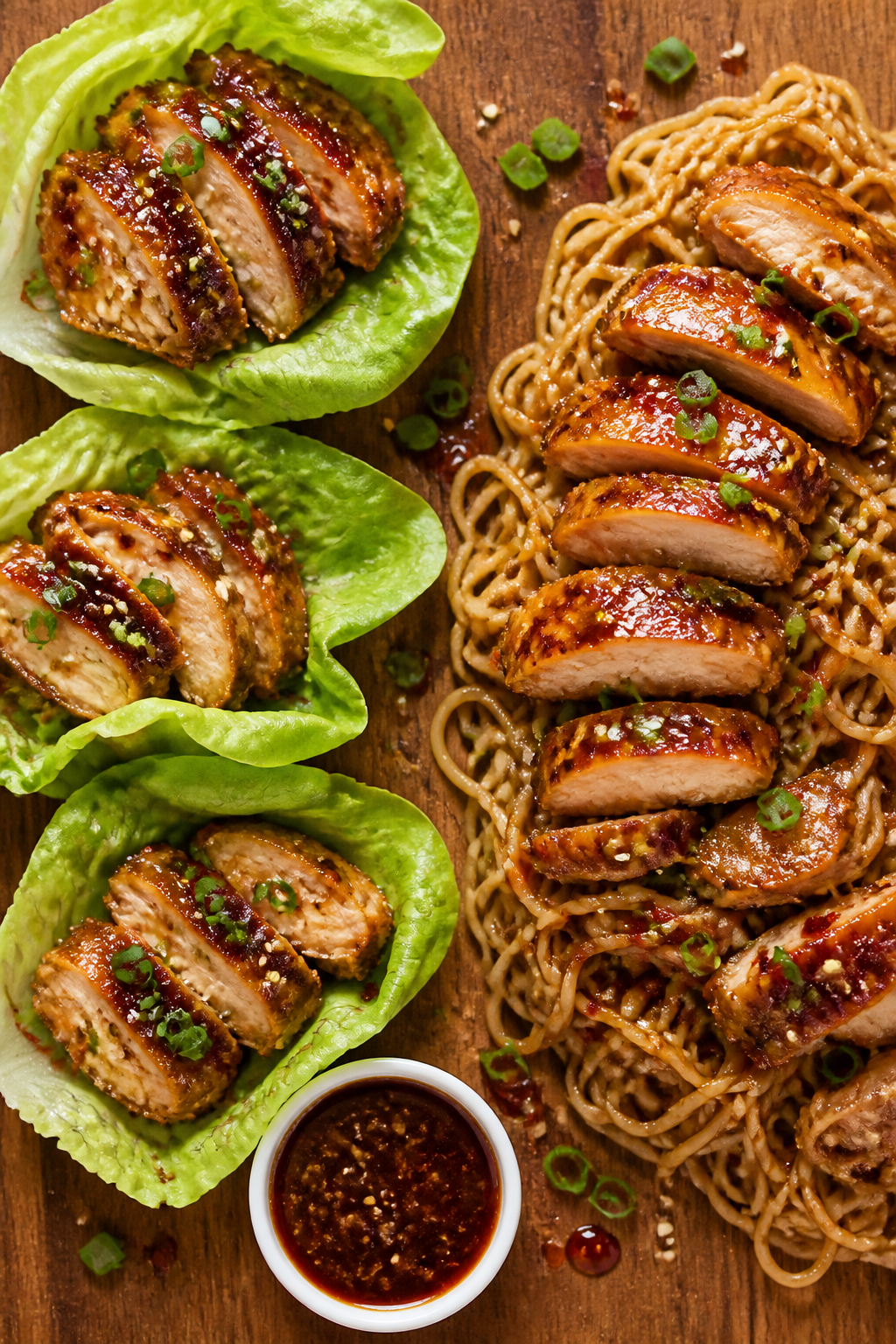 Tasty top view: Overhead shot of sticky sesame chicken thighs sliced and fanned in lettuce cups and 
