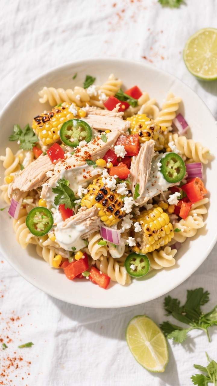 Tasty top view: Overhead shot of Street Corn Chicken Pasta Salad in a wide, shallow white serving bo