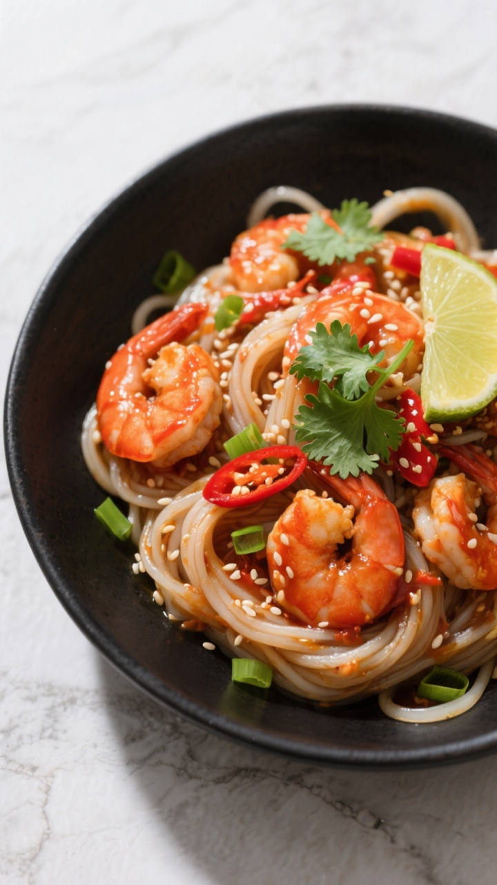 Tasty top view: Overhead shot of Sweet Chili Garlic Shrimp tossed with rice noodles, bright red-oran