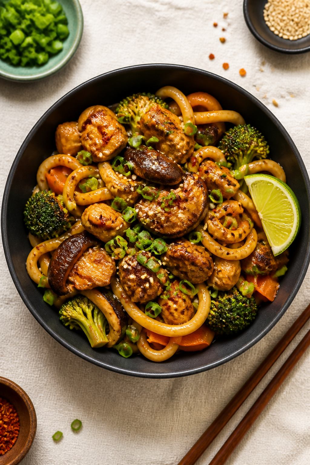 Tasty top view: Overhead shot of Sweet Soy Chicken Udon Bowls—thick, chewy udon tangled with saucy