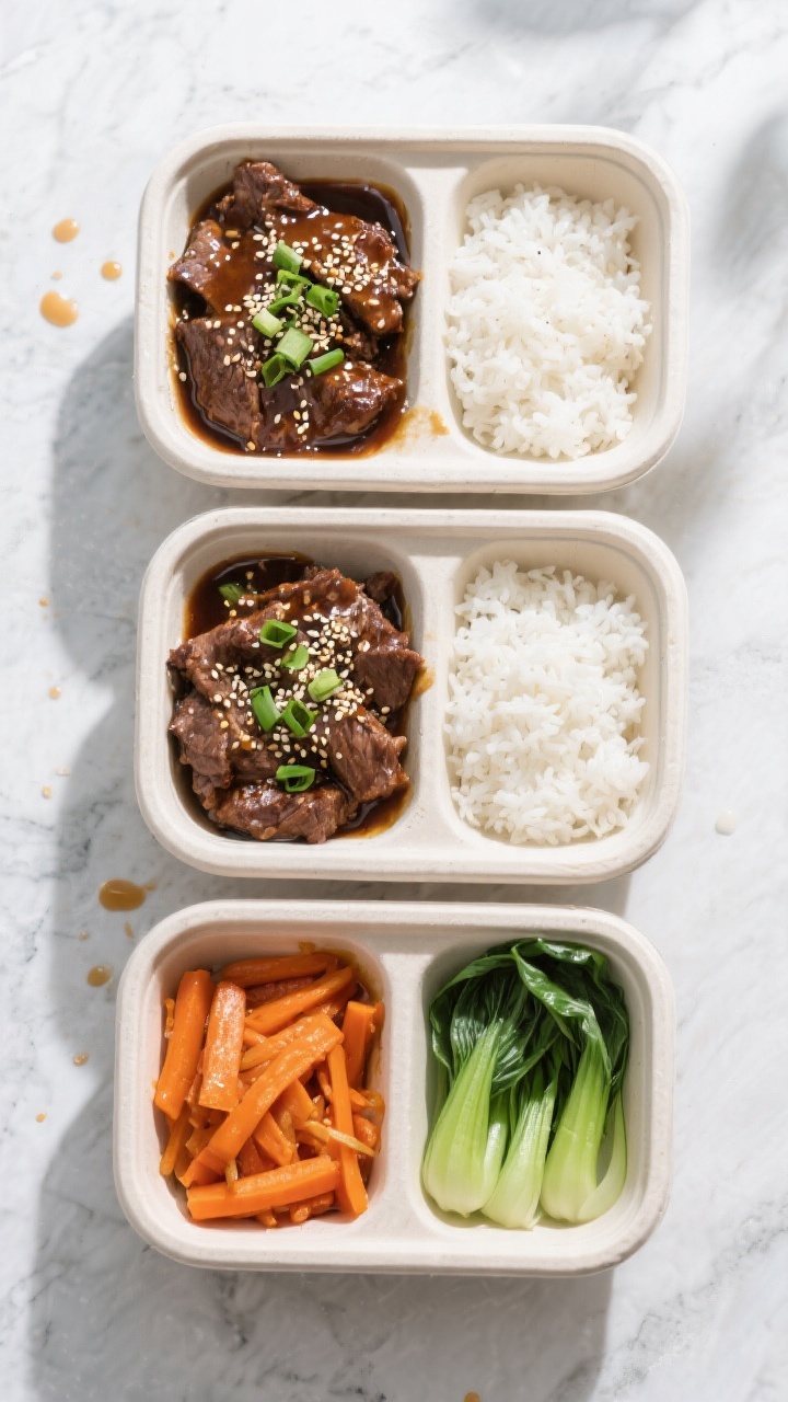 Tasty top view: Overhead shot of teriyaki beef bowls for meal prep—three compartments: glossy beef