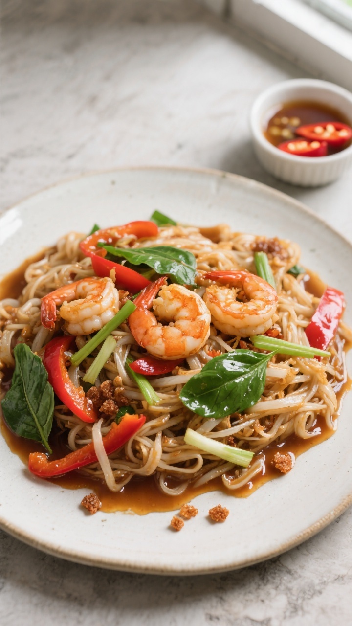 Tasty top view: Overhead shot of Thai Basil Shrimp Stir Fry tossed with rice noodles, evenly coated 
