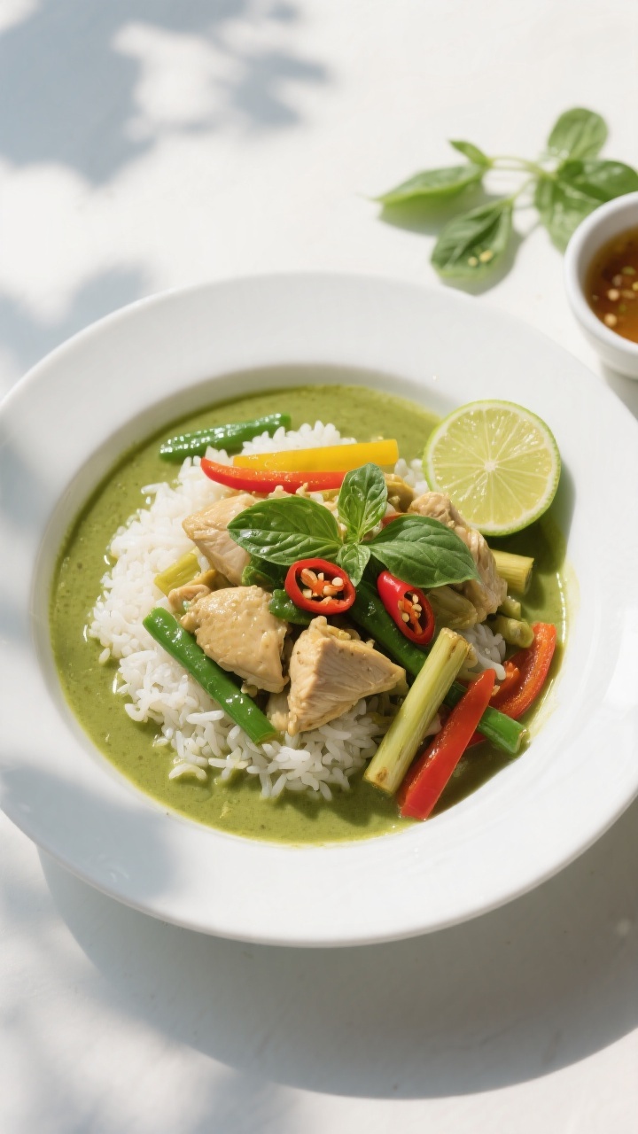 Tasty top view: Overhead shot of Thai Green Curry Chicken ladled over fluffy jasmine rice in a wide,
