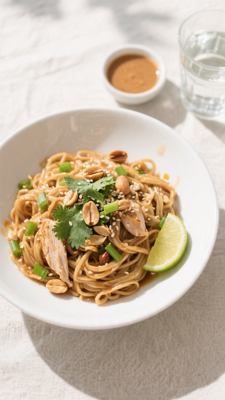 Tasty top view: Overhead shot of Thai Peanut Noodles with Chicken fully assembled in a wide, shallow