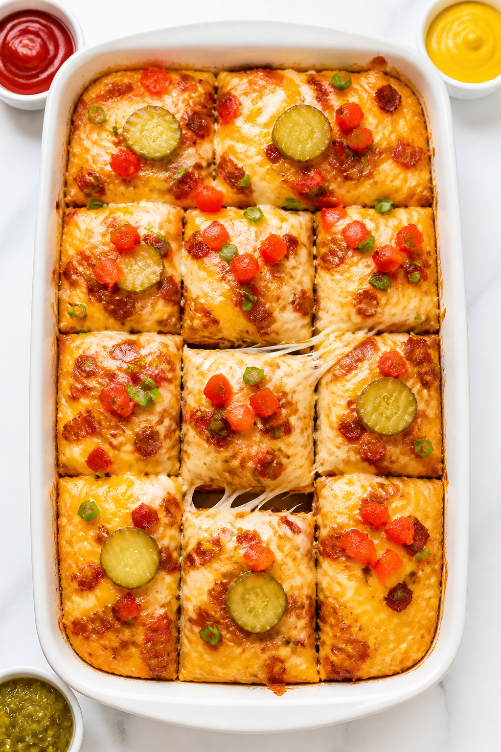 Tasty top view: Overhead shot of the assembled casserole in a 9x13 baking dish, neatly cut into squa