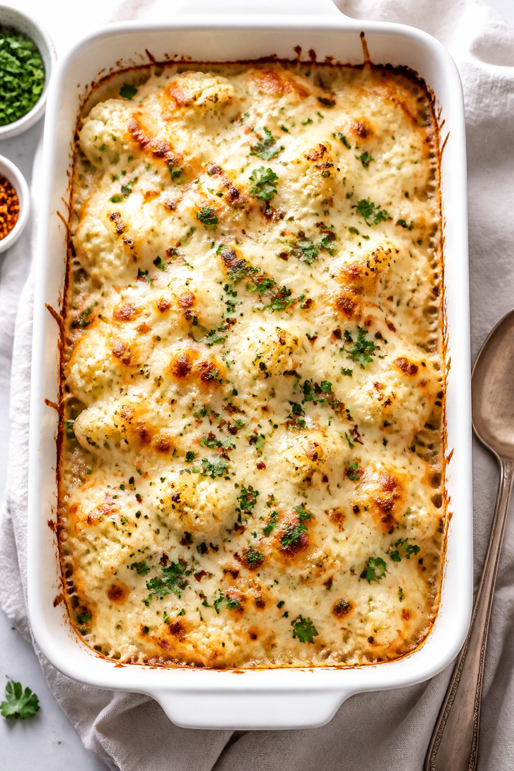 Tasty top view: Overhead shot of the assembled casserole just out of the oven—roasted cauliflower 