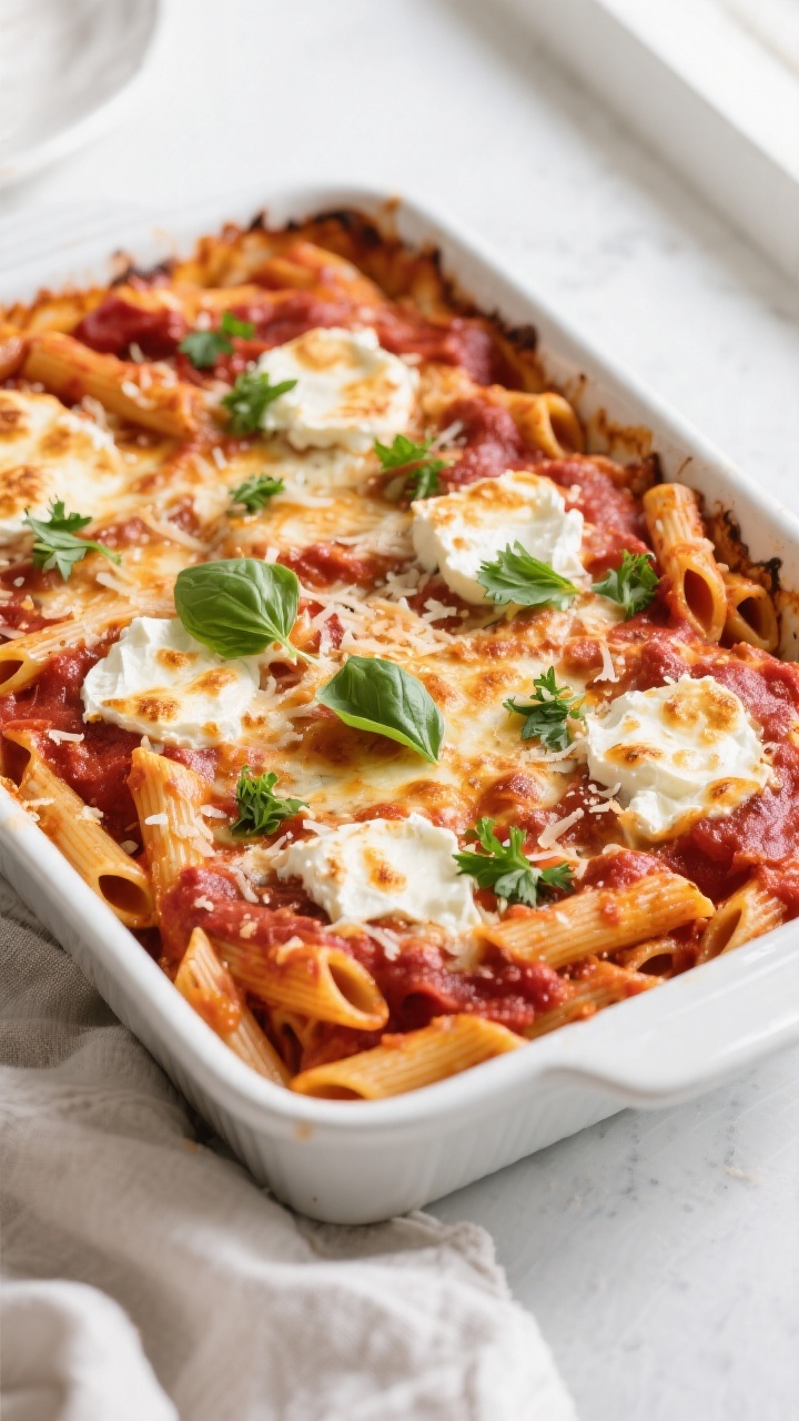 Tasty top view: Overhead shot of the assembled pasta bake just out of the oven in a 9x13 white ceram