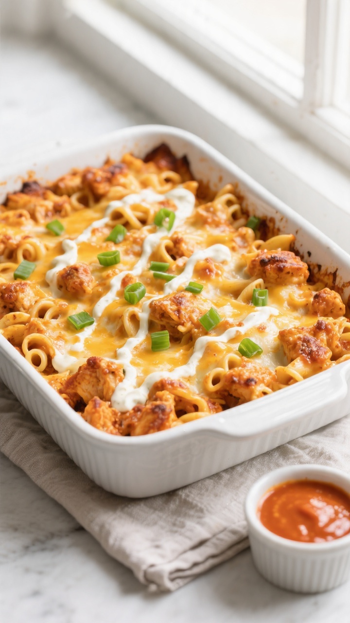 Tasty top view: Overhead shot of the buffalo chicken pasta bake fresh from the oven in a 9x13 white