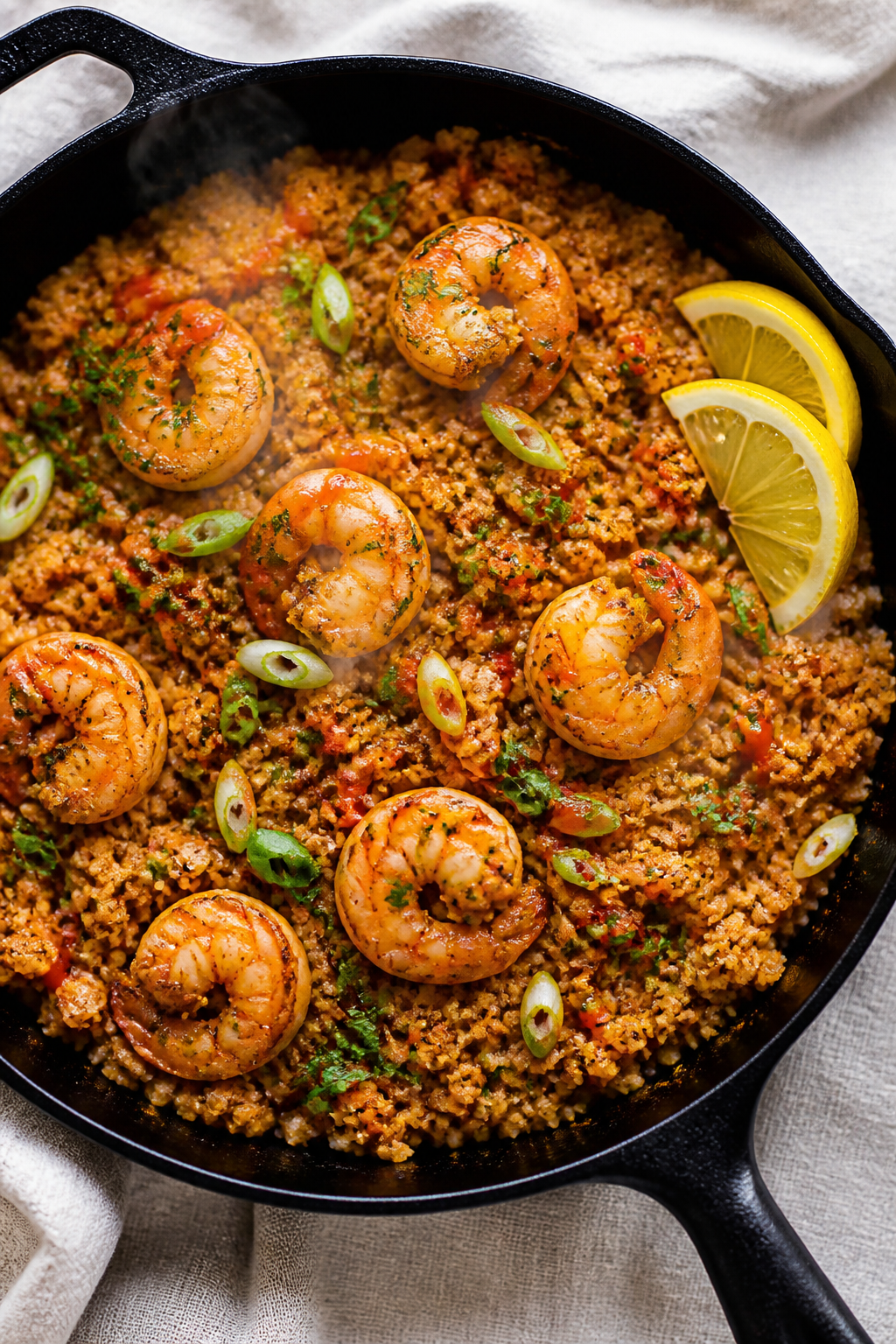 Tasty top view: Overhead shot of the Cajun Shrimp Cauliflower Rice Skillet finished in the pan, show