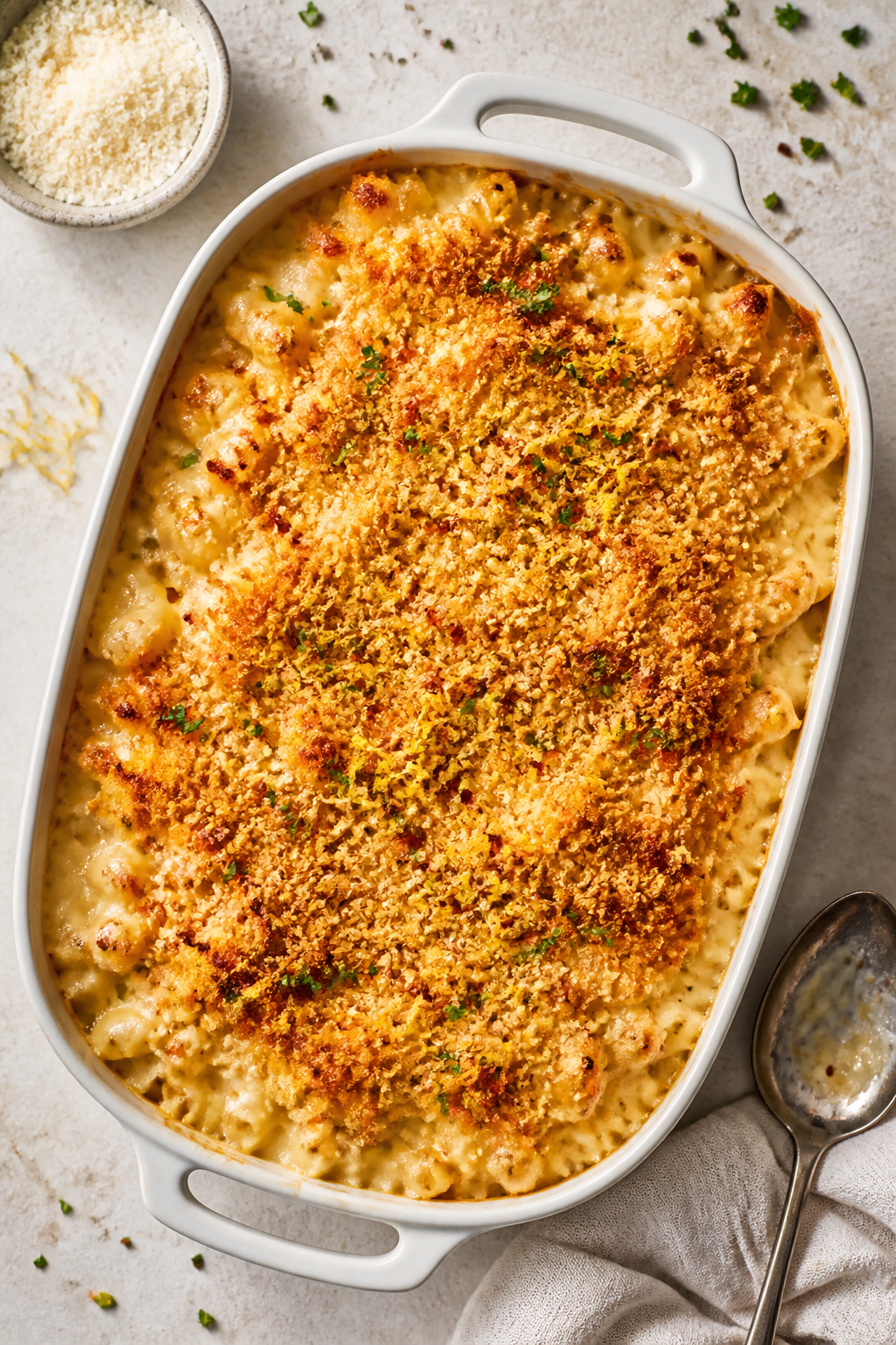 Tasty top view: Overhead shot of the casserole just out of the oven, bubbling at the edges, with an 