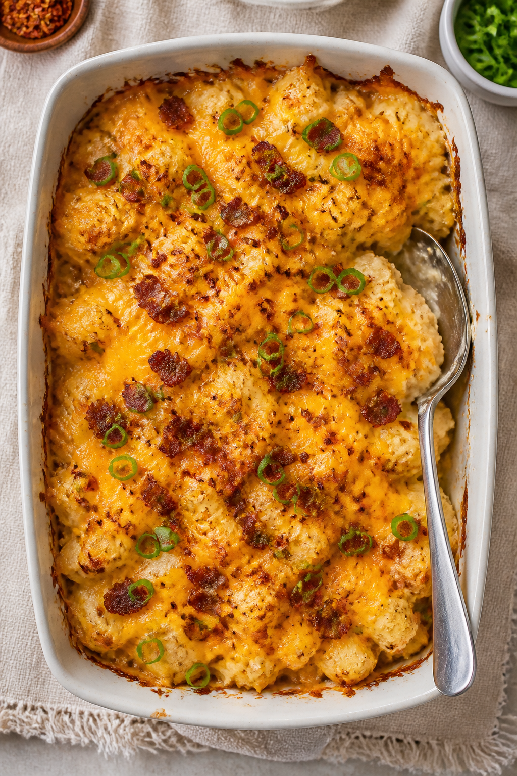 Tasty top view: Overhead shot of the Cheddar Ranch Cauliflower Chicken Bake fresh from the oven, che