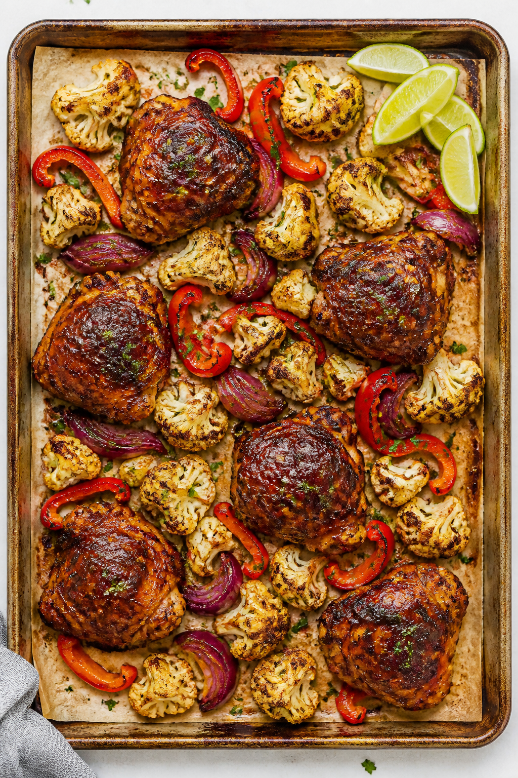 Tasty top view: Overhead shot of the completed BBQ Chicken Cauliflower Sheet Pan Dinner fresh from t