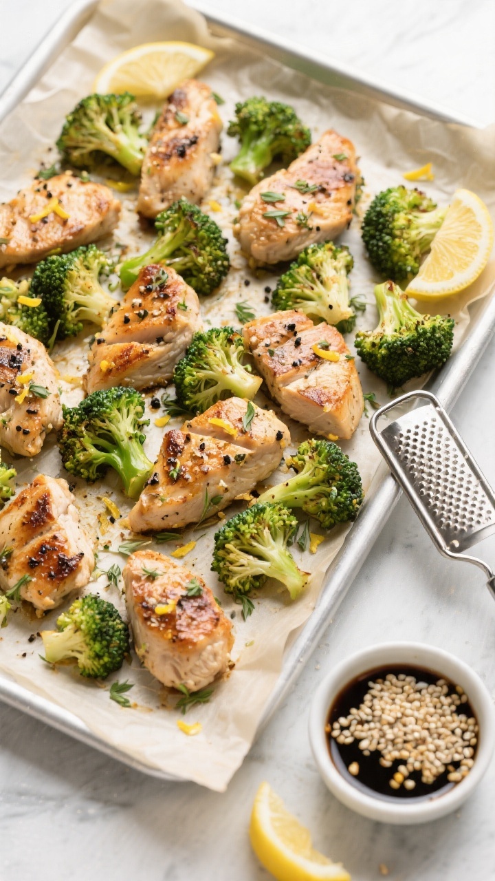 Tasty top view: Overhead shot of the completed chicken and broccoli arranged on a parchment-lined sh