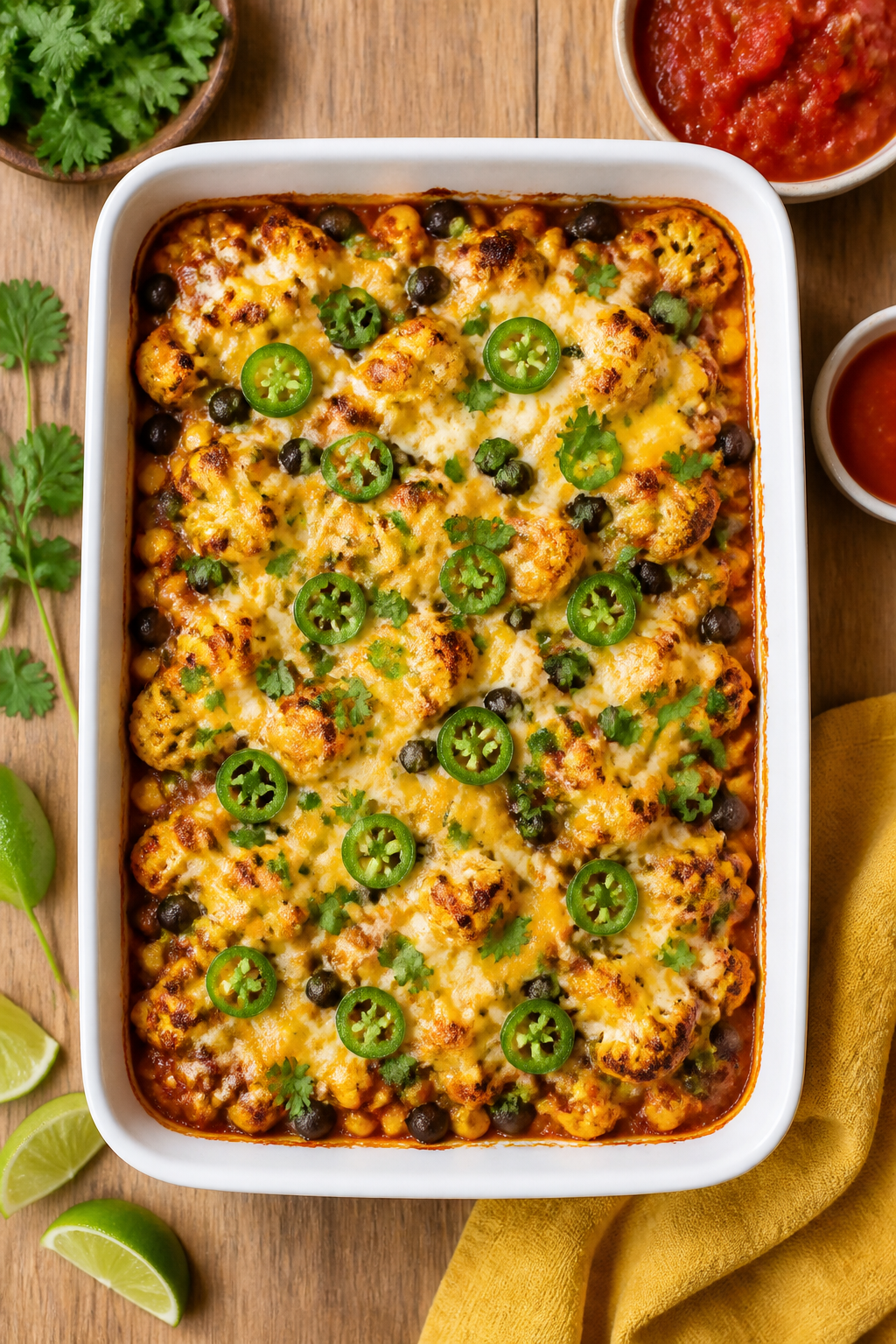 Tasty top view: Overhead shot of the Easy Cauliflower Taco Bake just out of the oven—bubbly, light