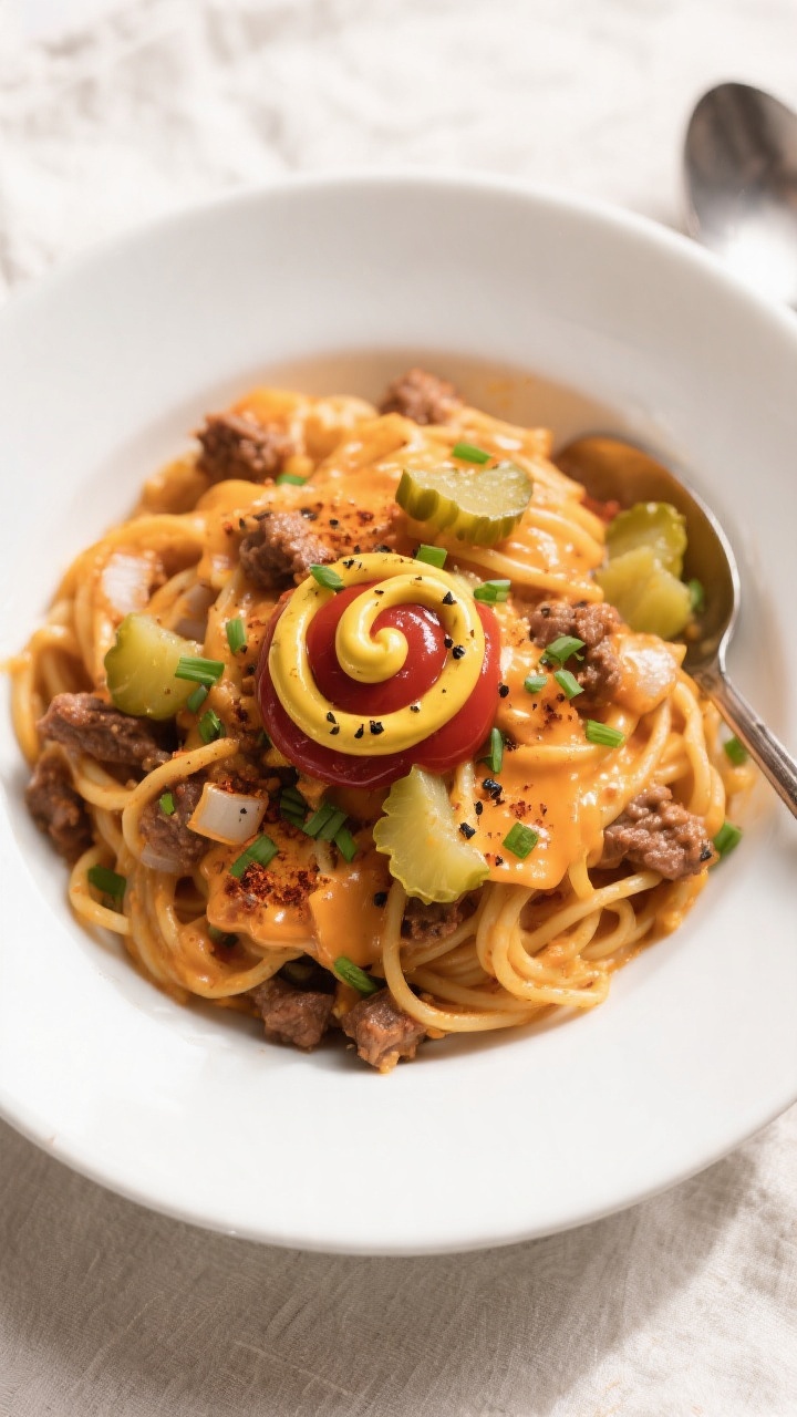 Tasty top view: Overhead shot of the final high-protein cheeseburger pasta in a wide, shallow white 