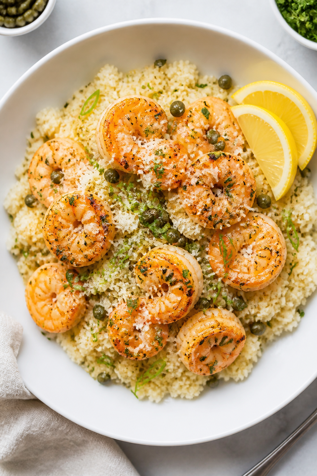 Tasty top view: Overhead shot of the final Lemon Butter Shrimp served over fluffy cauliflower rice i
