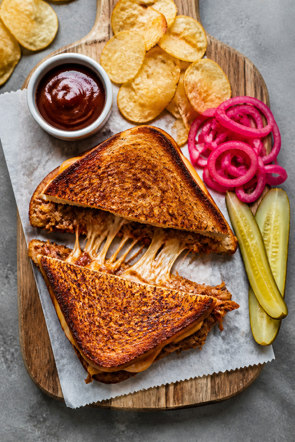 Tasty top view: Overhead shot of the finished BBQ pulled pork grilled cheese cut on a diagonal, chee
