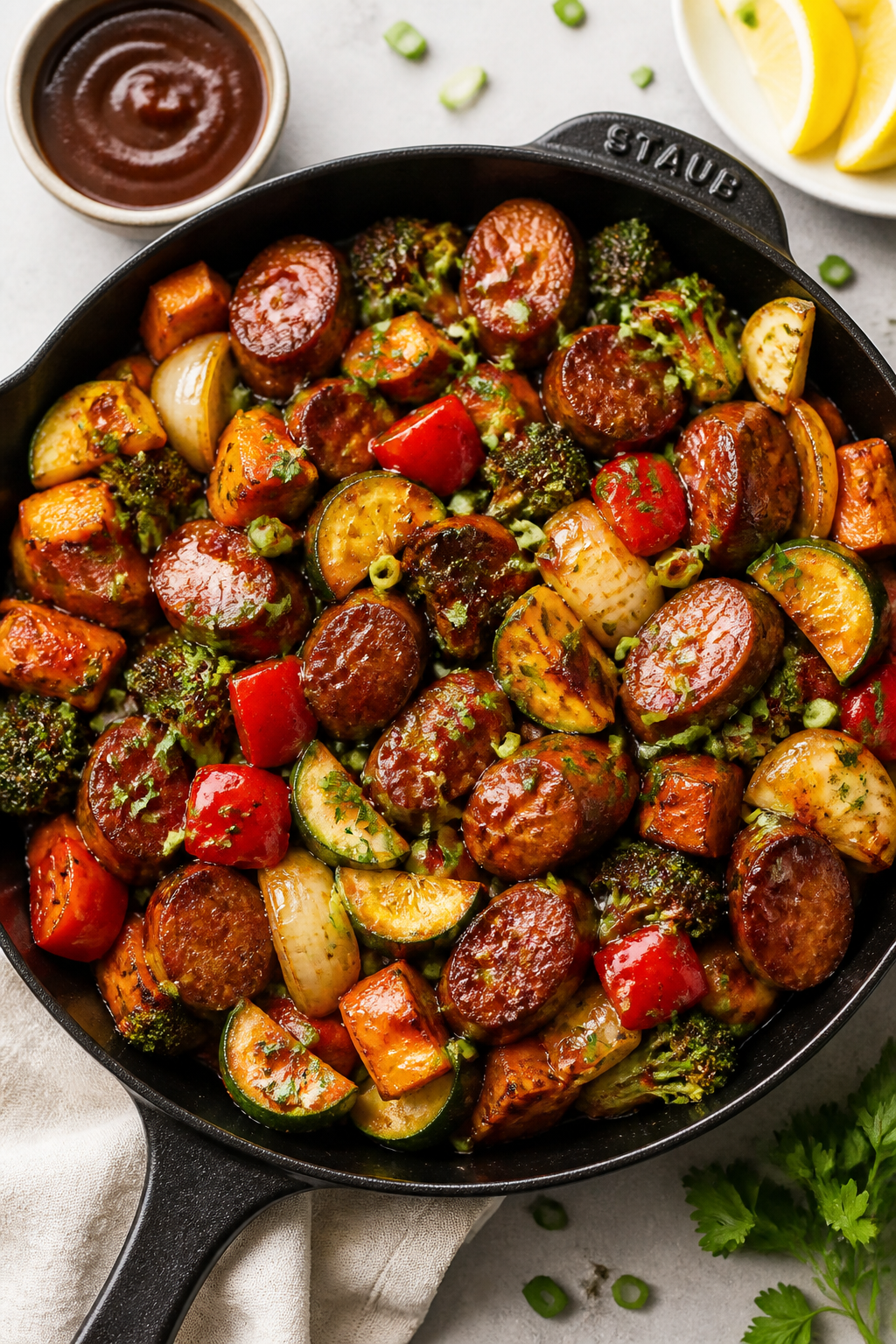 Tasty top view: Overhead shot of the finished BBQ Sausage & Roasted Veggie Skillet served family-sty