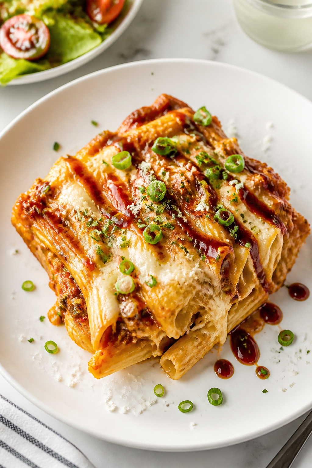 Tasty top view: Overhead shot of the finished BBQ Chicken Alfredo Pasta Bake portioned and plated—