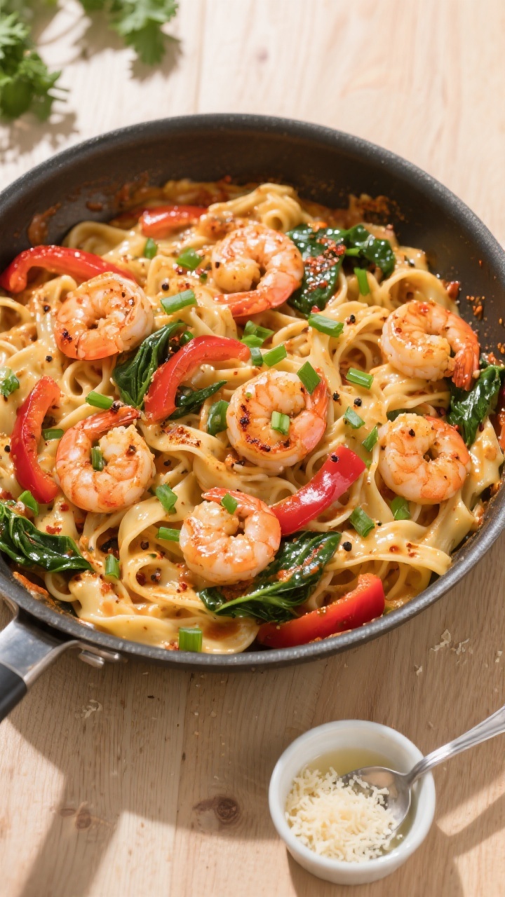 Tasty top view: Overhead shot of the finished Cajun shrimp Alfredo in a large skillet, pasta evenly 