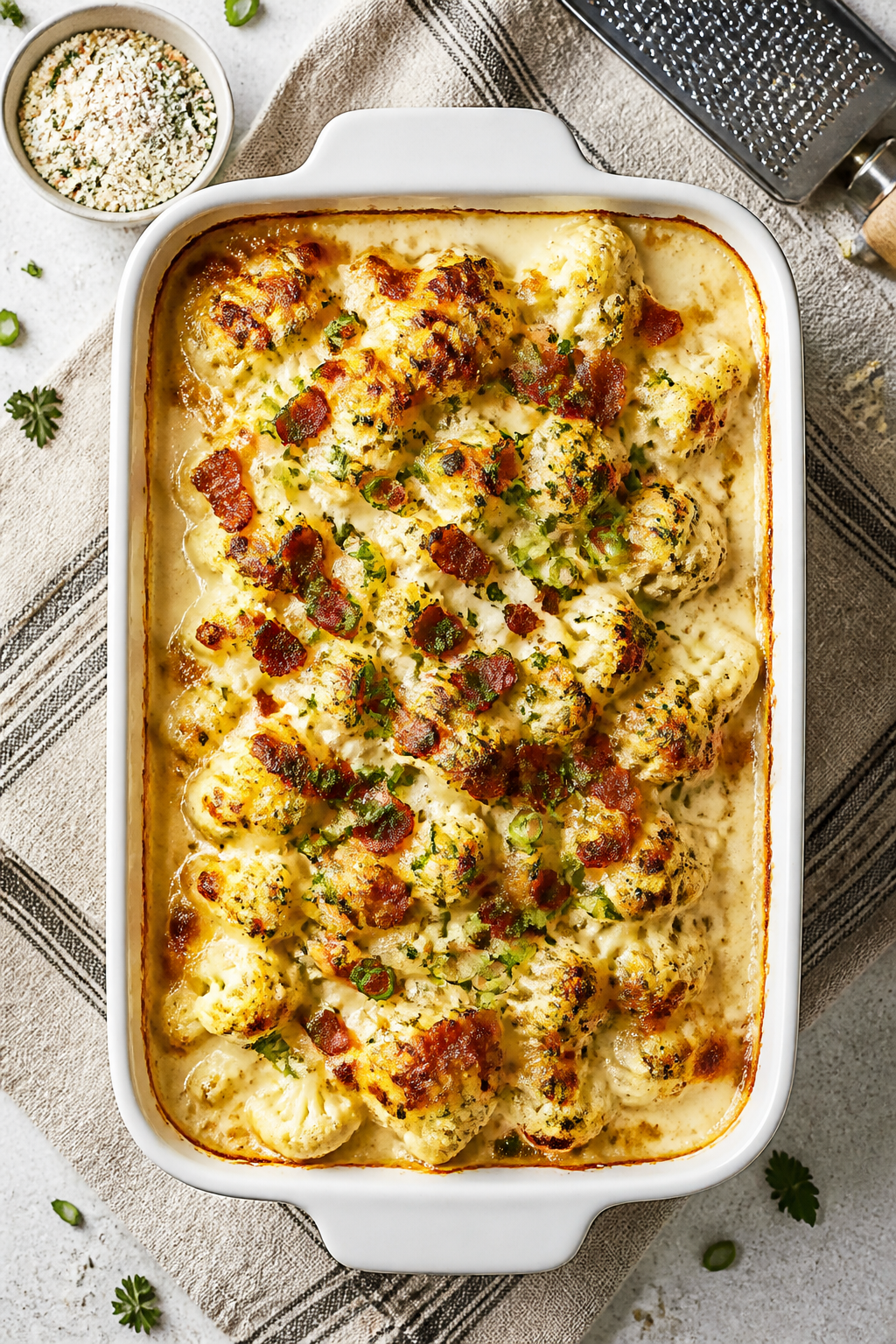 Tasty top view: Overhead shot of the finished Creamy Ranch Bacon Cauliflower Bake just out of the ov