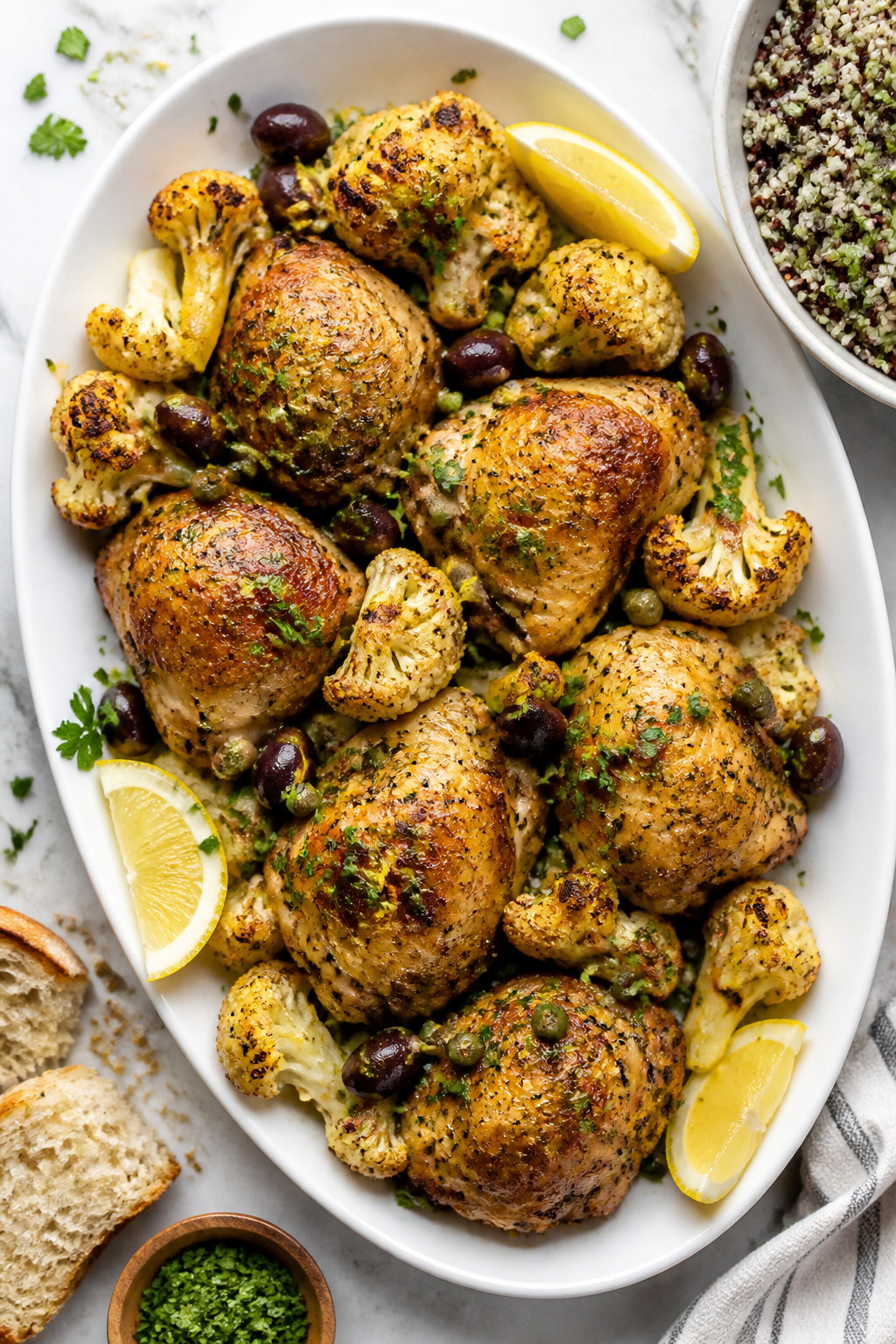 Tasty top view: Overhead shot of the finished Garlic Herb Roasted Cauliflower and Chicken plated fam
