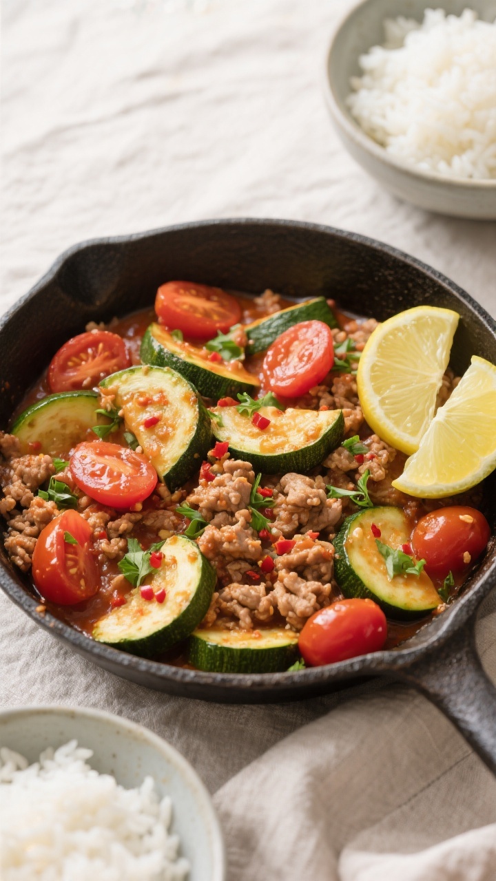 Tasty top view: Overhead shot of the finished ground turkey zucchini skillet—tender zucchini half-