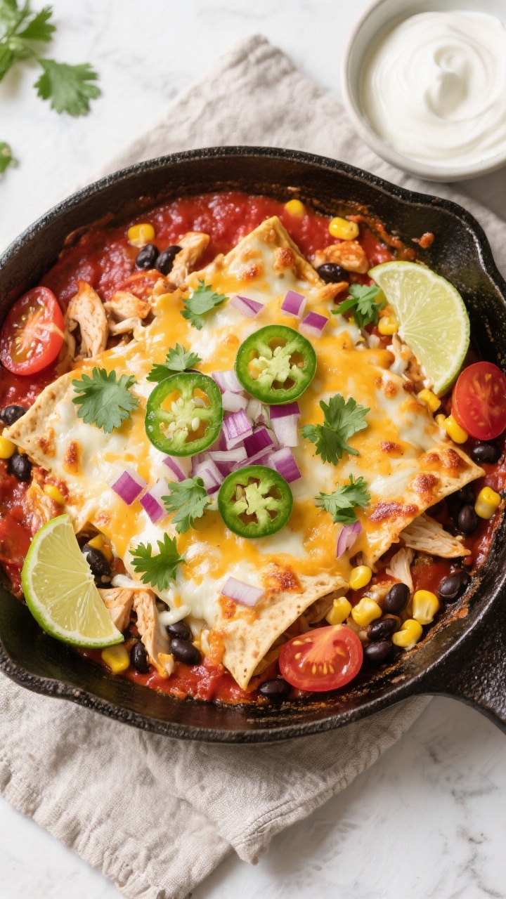 Tasty top view — Overhead shot of the finished Healthy Chicken Enchilada Skillet, cheese fully mel