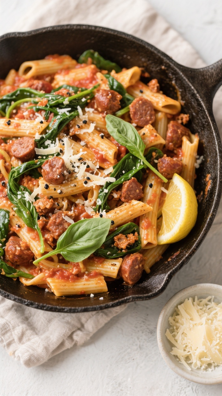 Tasty top view: Overhead shot of the finished Healthy Italian Sausage Pasta Skillet, pasta al dente 