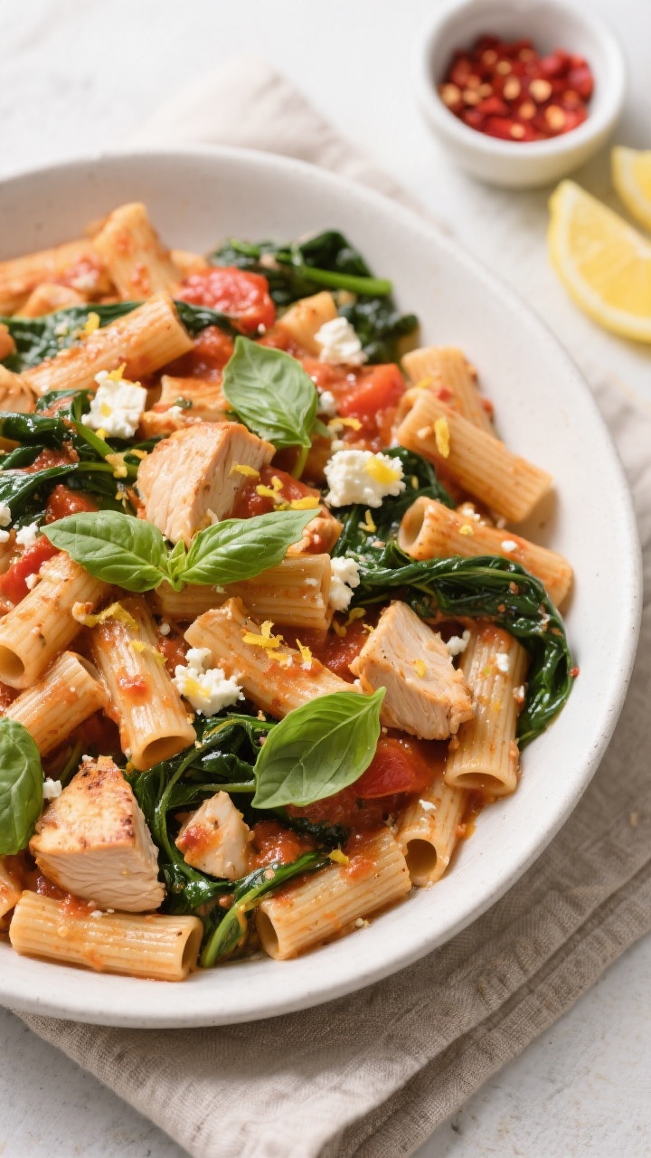 Tasty top view: Overhead shot of the finished Healthy Baked Feta Chicken Pasta tossed with whole-whe