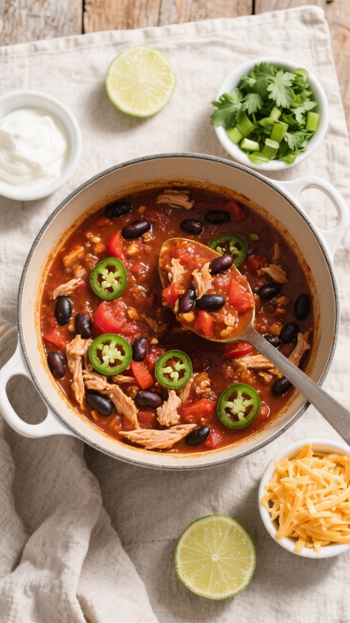 Tasty top view: Overhead shot of the finished Healthy Turkey Chili with Beans in the pot, showing a 
