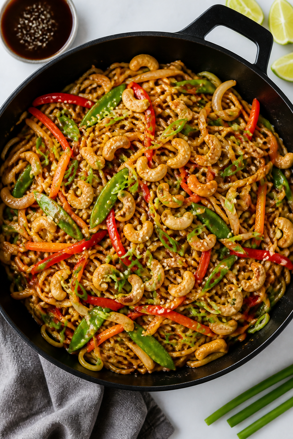 Tasty top view: Overhead shot of the finished lo mein family-style in a matte black skillet, showcas