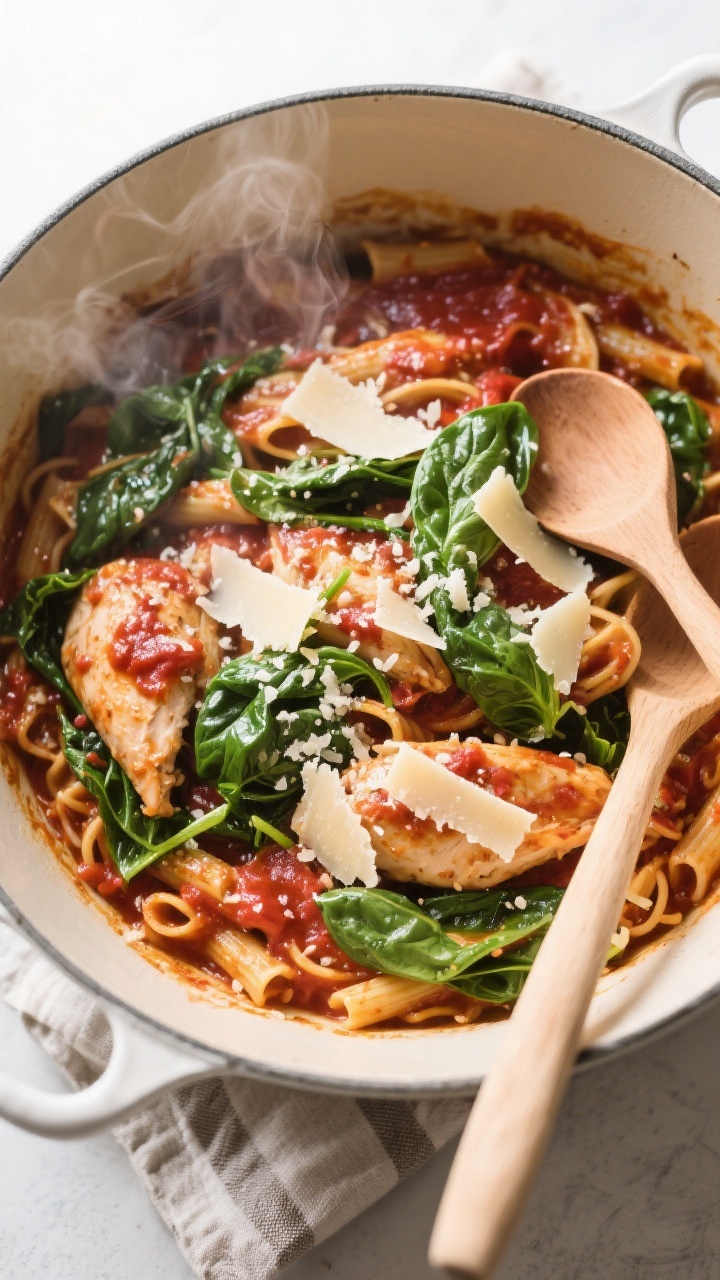 Tasty top view: Overhead shot of the finished one-pot Italian chicken pasta in the pot, sauce tighte