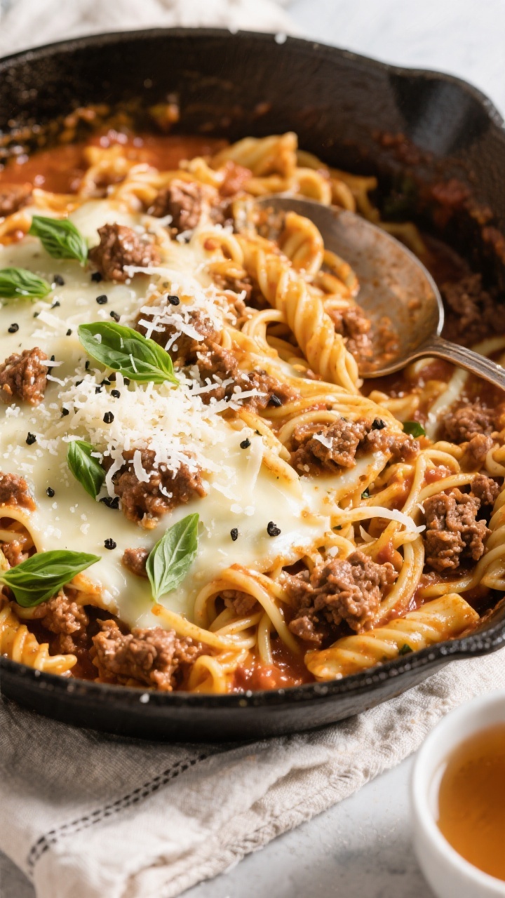Tasty top view: Overhead shot of the finished One Pan Ground Beef Pasta Skillet, cheese just melted 