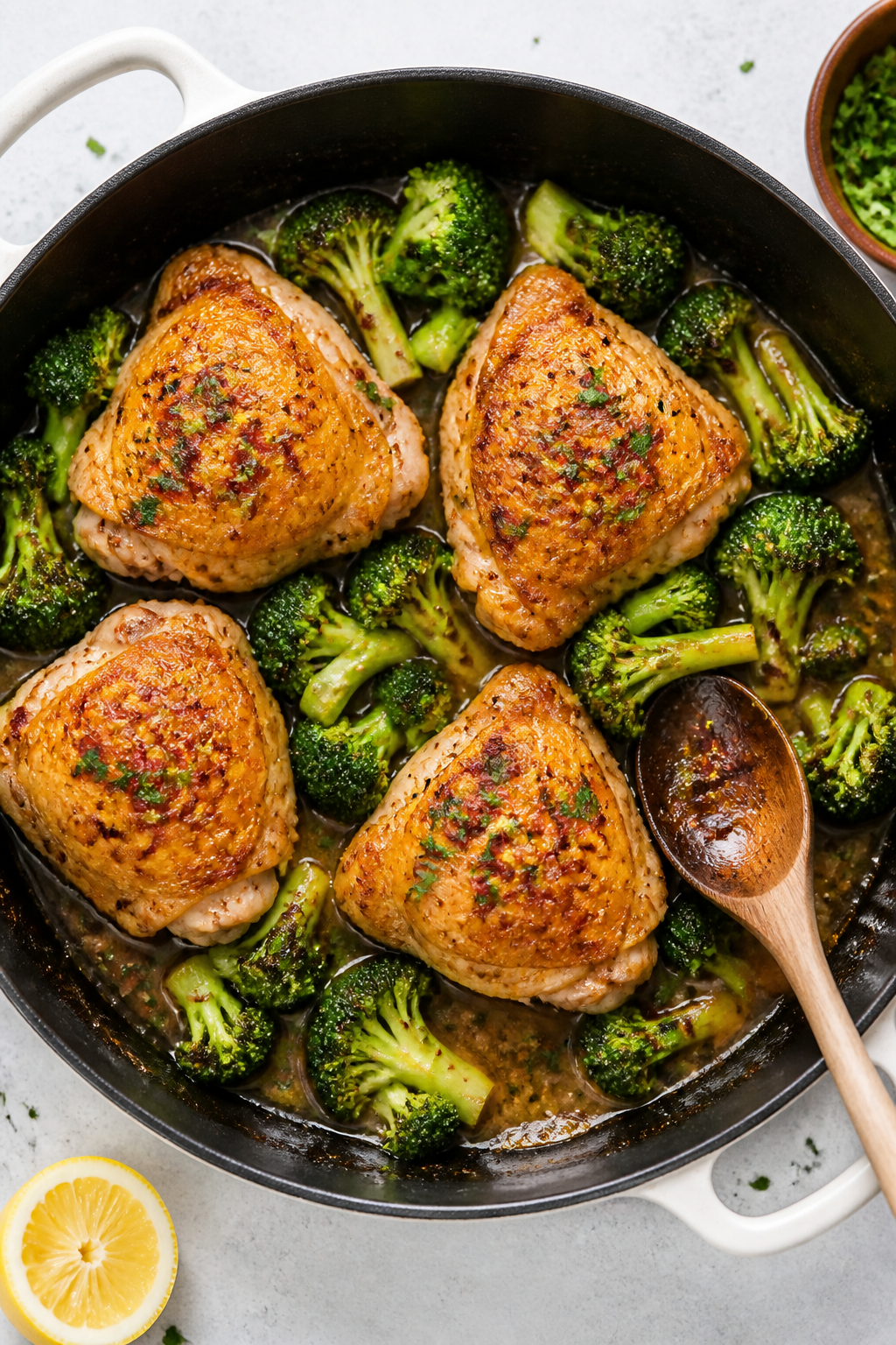 Tasty top view: Overhead shot of the finished one-pan dish in the skillet—four chicken thighs skin