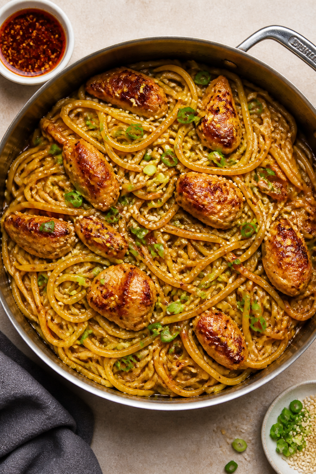 Tasty top view: Overhead shot of the finished pasta family-style in a wide sauté pan, noodles evenl