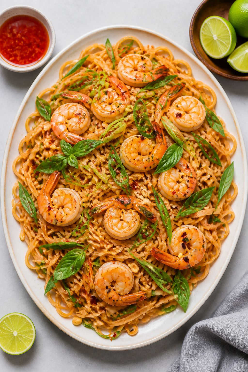Tasty top view: Overhead shot of the finished pasta in a shallow serving platter, evenly distributed